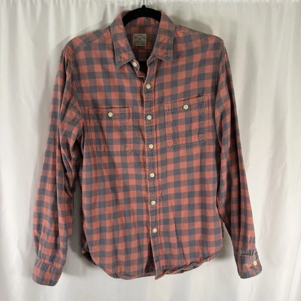 J Crew Flannel Slim Fit Button Down Shirt Men's Medium Orange Plaid Long Sleeve